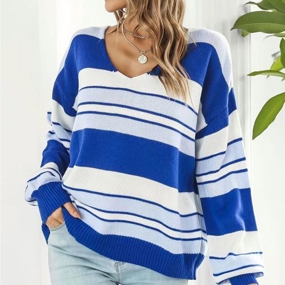 Womens Striped Pullover V Neck Sweater - Picture 1 of 13